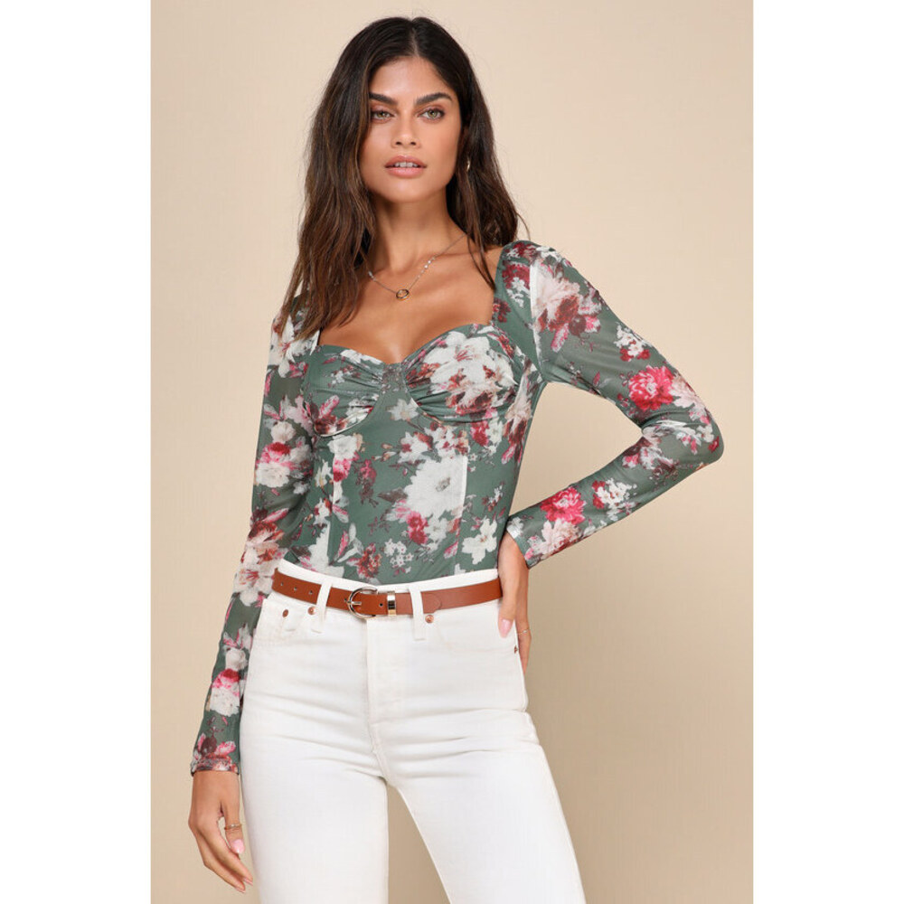 Lulus Blossoming Attitude Green Floral Mesh Bustier Crop Top - Size S